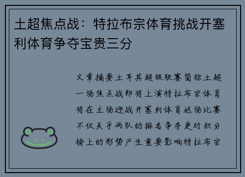 土超焦点战：特拉布宗体育挑战开塞利体育争夺宝贵三分
